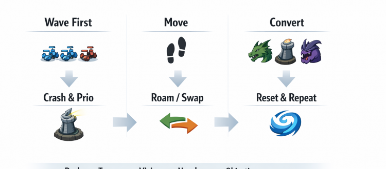 LoL macro basics infographic showing wave control, roams, lane swaps, and objective conversion loop.