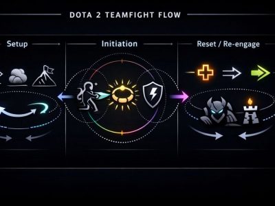 Dota 2 teamfight flow infographic showing setup, initiation, and reset stages with positioning icons.