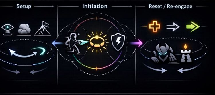 Dota 2 teamfight flow infographic showing setup, initiation, and reset stages with positioning icons.