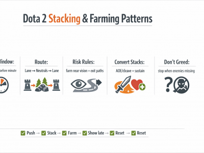 Dota 2 stacking and safe farming patterns infographic with timing and route checklist