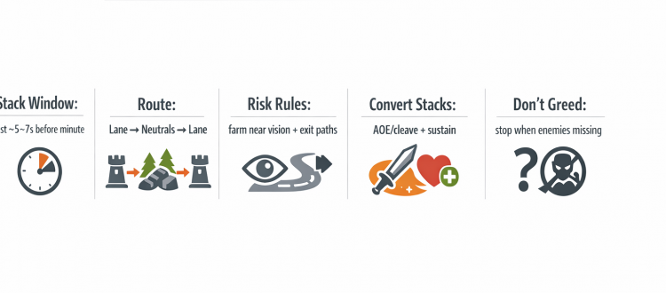 Dota 2 stacking and safe farming patterns infographic with timing and route checklist