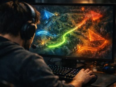 LoL solo queue macro decision showing safe retreat path and vision cones