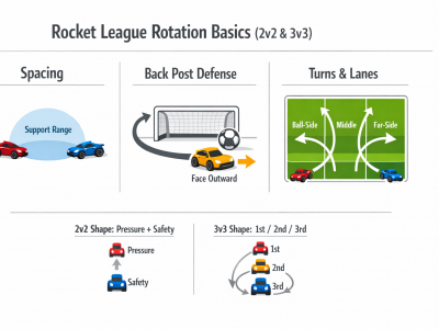 Rocket League rotation basics infographic showing spacing, lanes, and back post rotation for 2v2 and 3v3.