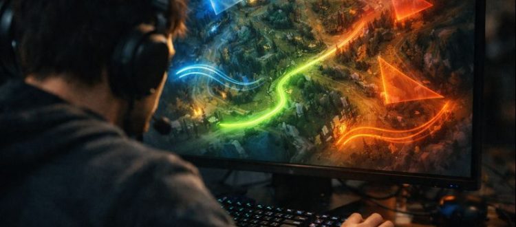 LoL solo queue macro decision showing safe retreat path and vision cones