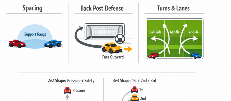 Rocket League rotation basics infographic showing spacing, lanes, and back post rotation for 2v2 and 3v3.