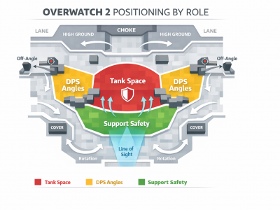 Overwatch 2 positioning infographic showing tank space, DPS angles, and support safety