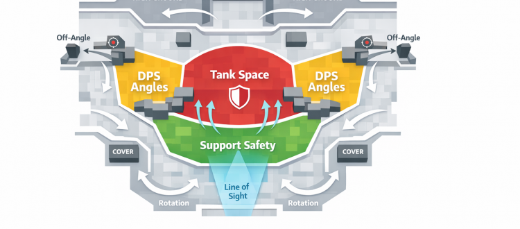 Overwatch 2 positioning infographic showing tank space, DPS angles, and support safety