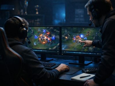 LoL player analyzing replay VOD on dual monitors for ranked improvement