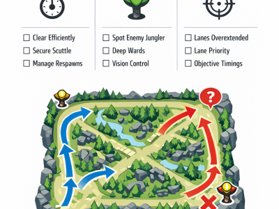 LoL jungle pathing infographic showing tempo, tracking, and gank windows