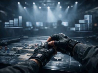 CS2 Premier matchmaking scene representing CS Rating and ranked climb Prompt: Cinematic esports-style hero image, Counter-Strike 2 inspired competitive arena atmosphere, first-person perspective hands adjusting gloves near a tactical map table, soft volumetric light, subtle floating abstract UI shapes representing “CS Rating” as bars and tiers (no text, no numbers, no logos), moody blue-gray lighting, shallow depth of field, high detail, realistic, 16:9