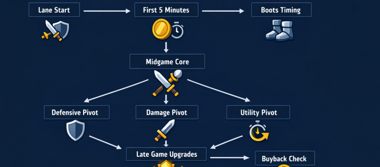 Dota 2 itemization flowchart for new players showing core vs situational choices