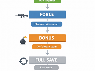 VALORANT economy rules infographic for buy, force, bonus, and full save