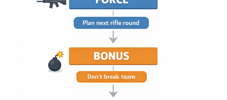 VALORANT economy rules infographic for buy, force, bonus, and full save
