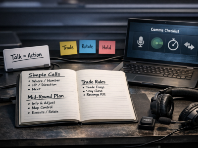 CS2 communication coaching desk with call templates and trade rules
