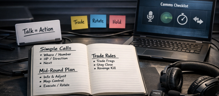 CS2 communication coaching desk with call templates and trade rules