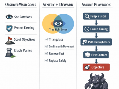 Dota 2 vision and map control infographic with warding, sentries, and smoke routes