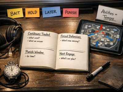 Overwatch 2 cooldown trading coaching desk scene with ability economy notes