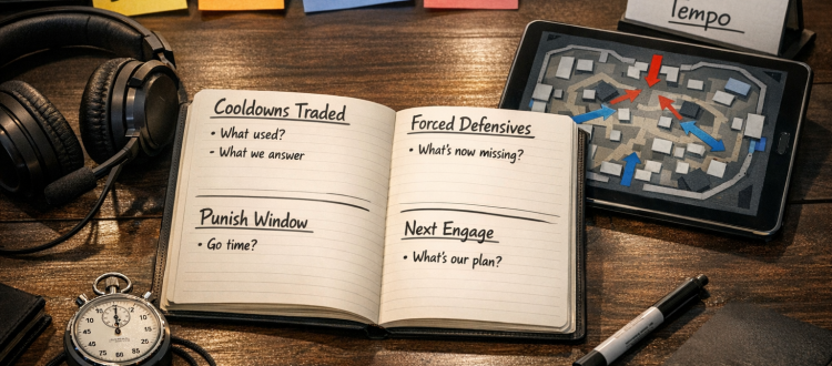 Overwatch 2 cooldown trading coaching desk scene with ability economy notes