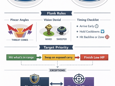 LoL teamfight fundamentals infographic showing front-to-back, flanks, and target priority
