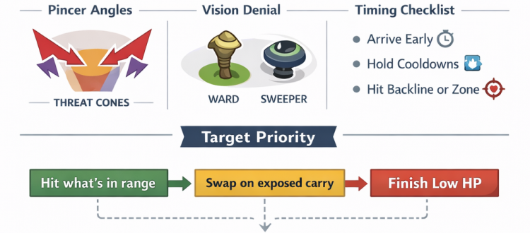 LoL teamfight fundamentals infographic showing front-to-back, flanks, and target priority