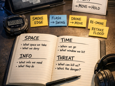 Valorant utility fundamentals coaching desk showing smokes, flashes, and info trade-space notes