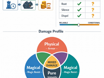 Dota 2 drafting infographic showing win conditions, disable balance, and damage types.