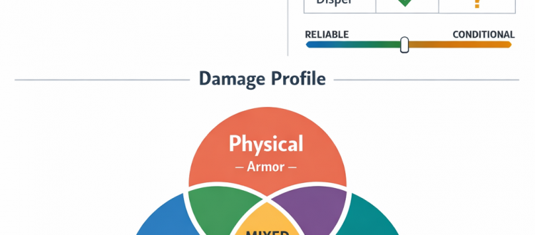 Dota 2 drafting infographic showing win conditions, disable balance, and damage types.