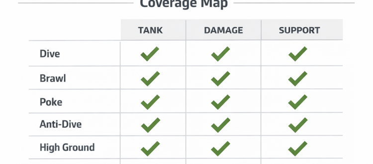 Overwatch 2 hero pool builder infographic showing two picks per role and coverage for dive brawl poke.