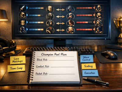 LoL champion pool strategy concept with three role-based picks on a ranked planning board