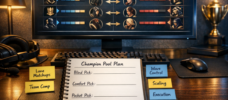 LoL champion pool strategy concept with three role-based picks on a ranked planning board