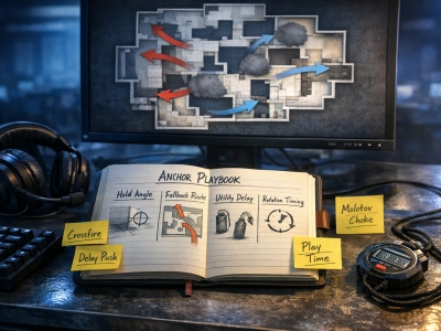 CS2 anchoring strategy coaching desk showing bombsite defense plan and rotation notes.
