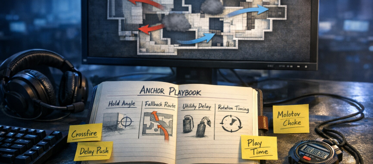 CS2 anchoring strategy coaching desk showing bombsite defense plan and rotation notes.