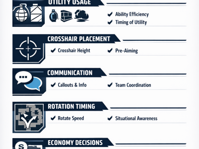 Valorant VOD review checklist infographic showing gameplay analysis steps for improving ranked performance
