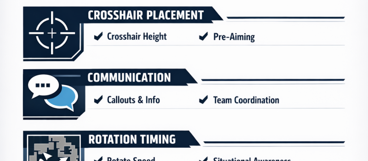 Valorant VOD review checklist infographic showing gameplay analysis steps for improving ranked performance