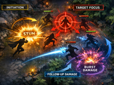 Dota 2 teamfight strategy diagram showing initiation, target focus, and spell layering.