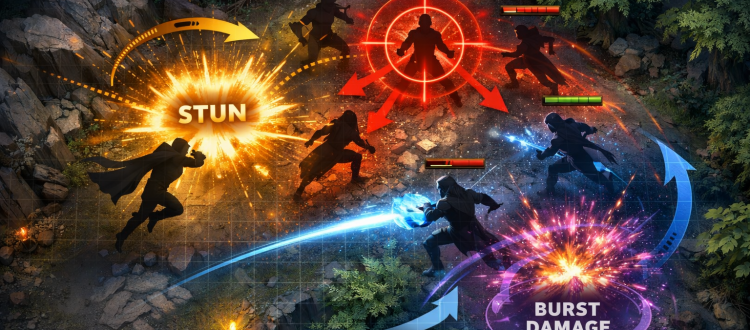 Dota 2 teamfight strategy diagram showing initiation, target focus, and spell layering.