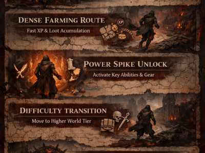 Diablo IV efficient leveling principles infographic showing a patch-proof roadmap from early game to endgame