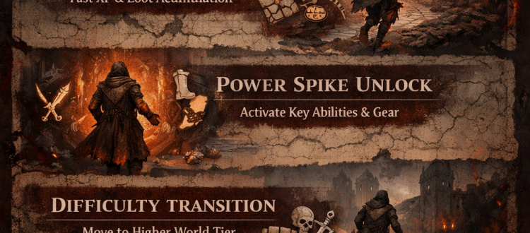 Diablo IV efficient leveling principles infographic showing a patch-proof roadmap from early game to endgame