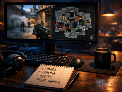 CS2 demo review setup with tactical notes, replay screen, and pro analysis desk