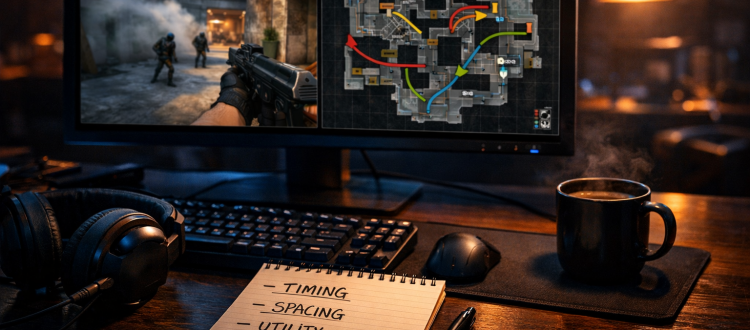 CS2 demo review setup with tactical notes, replay screen, and pro analysis desk