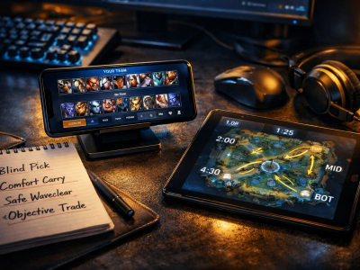 Mobile Legends solo queue strategy scene showing draft notes hero pool planning and rotation rules