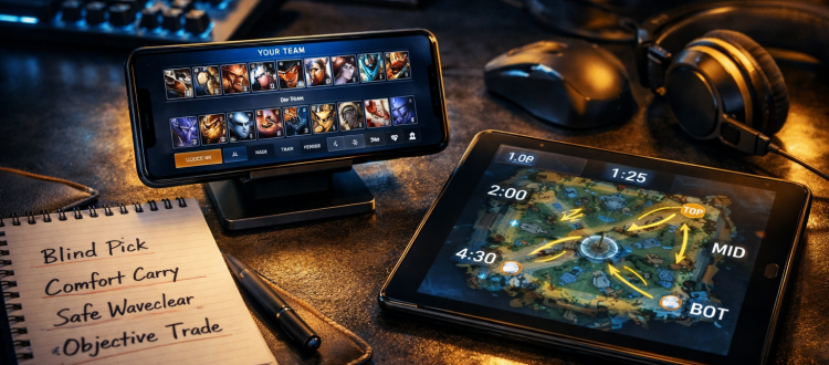 Mobile Legends solo queue strategy scene showing draft notes hero pool planning and rotation rules