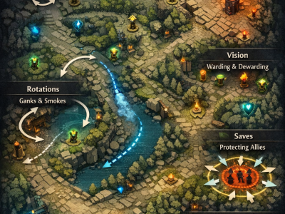 Dota 2 support fundamentals infographic showing vision rotations lane control and teamfight positioning