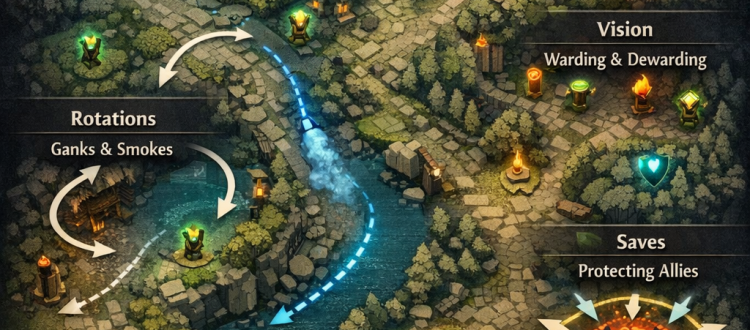Dota 2 support fundamentals infographic showing vision rotations lane control and teamfight positioning