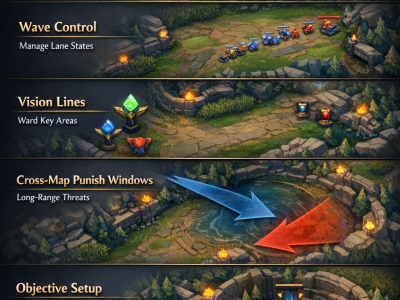 LoL infographic showing how to track global ultimates, wave states, vision, and cross-map punish windows