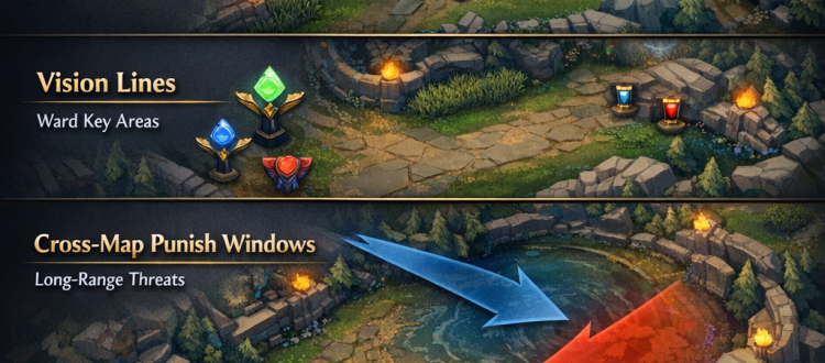 LoL infographic showing how to track global ultimates, wave states, vision, and cross-map punish windows