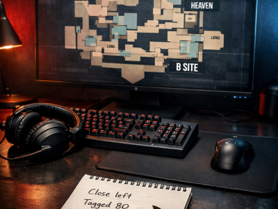 Valorant communication playbook coaching desk with ranked callout notes and tactical FPS map