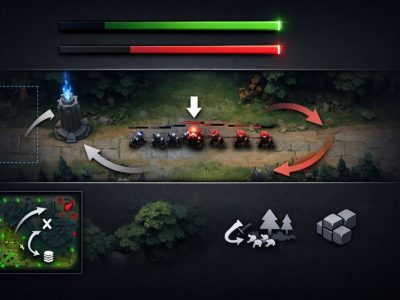 Dota 2 last hitting infographic showing denies, creep aggro, and lane equilibrium control.