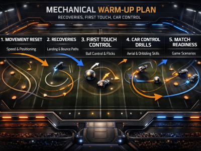 Rocket League mechanical warm-up infographic showing recoveries, first touch drills, and car control practice flow.