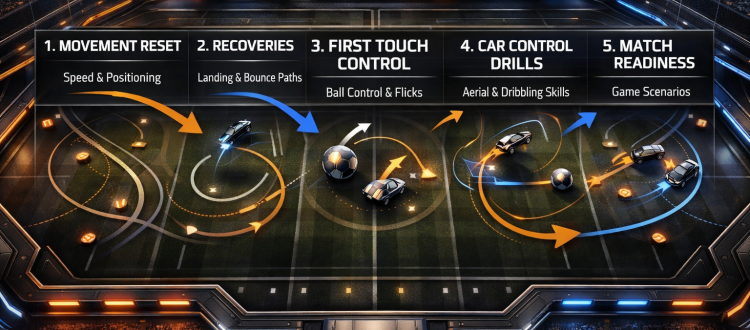 Rocket League mechanical warm-up infographic showing recoveries, first touch drills, and car control practice flow.